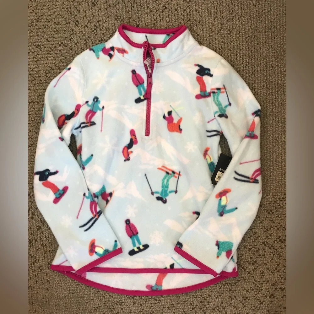 Kids Ski Print Fleece Pullover with Pink Trim